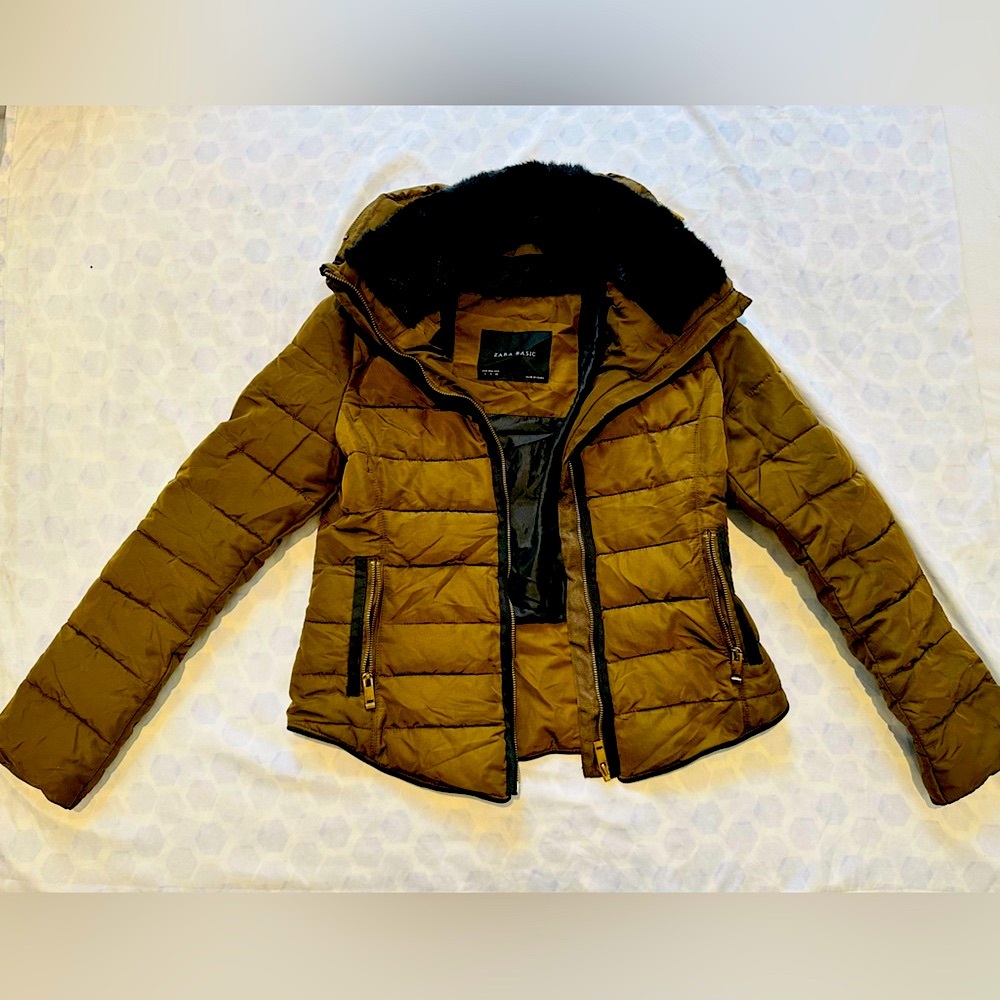 Zara Brown Puffer Jacket with Faux Fur Collar